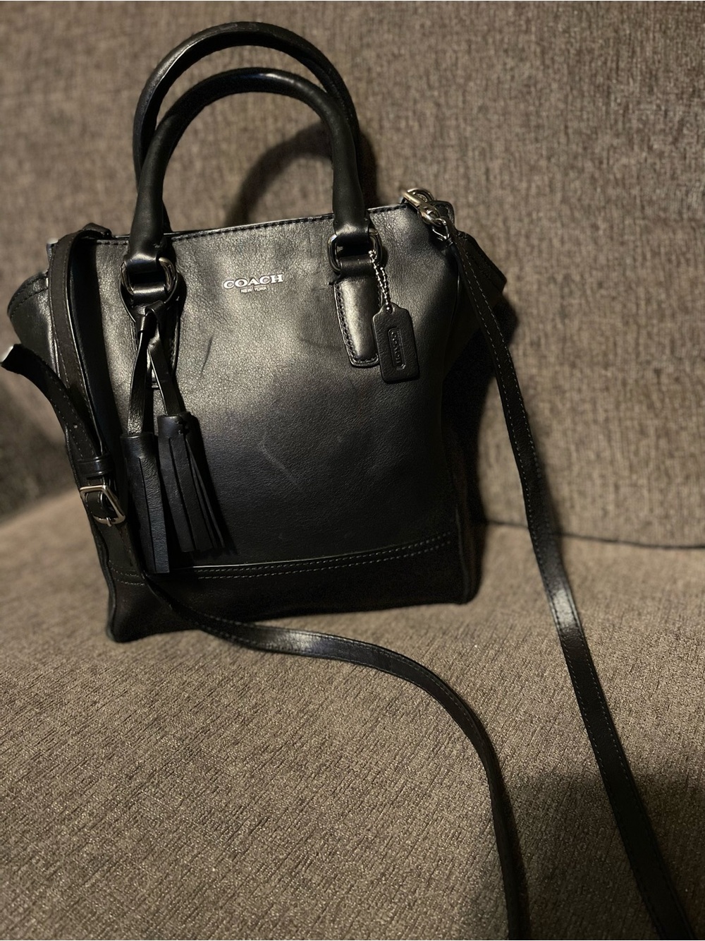 Coach Black Leather Crossbody Satchel with Tassel Charm